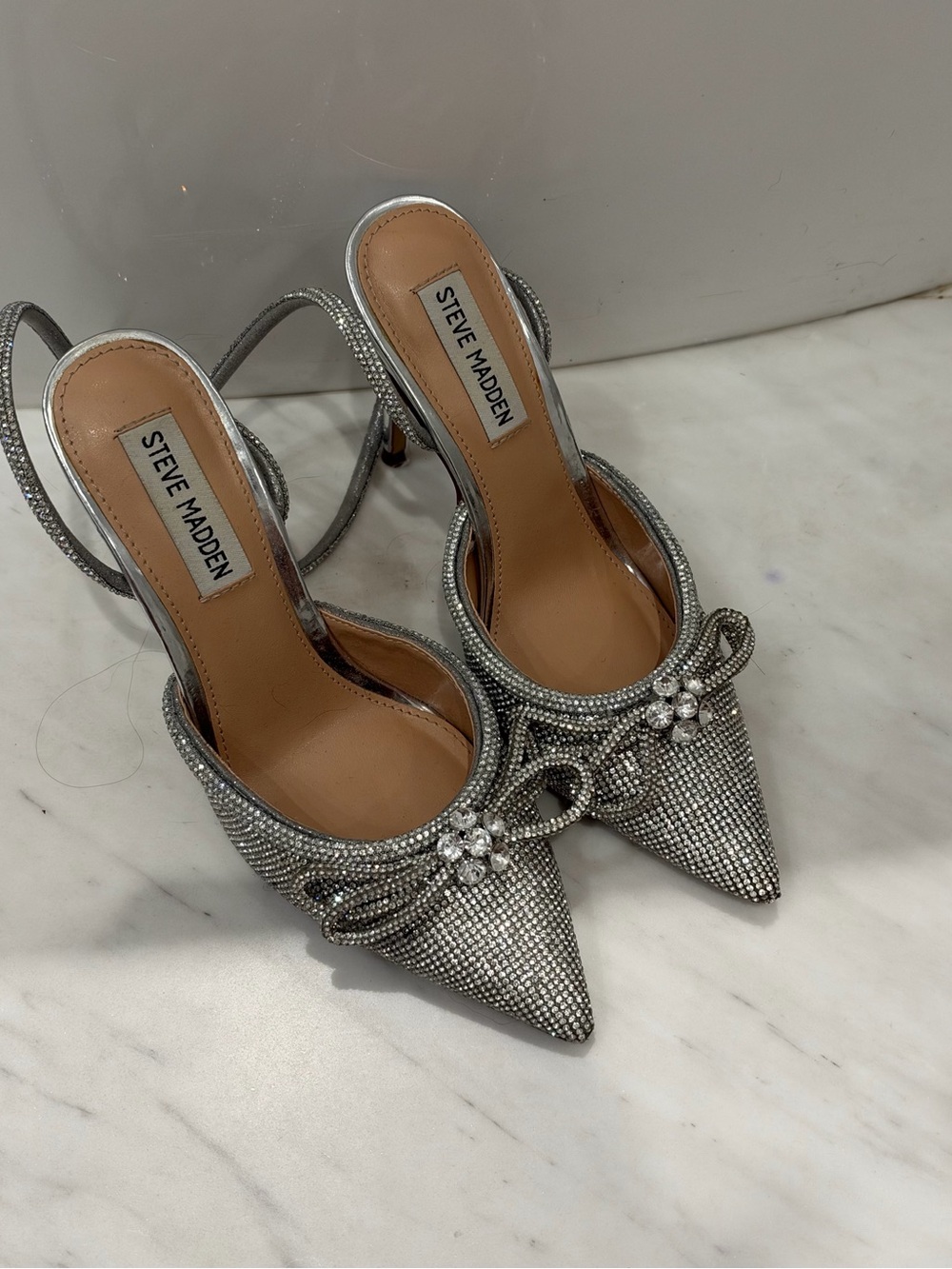 Steve Madden Silver Crystal Bow Pointed Slingback Heels